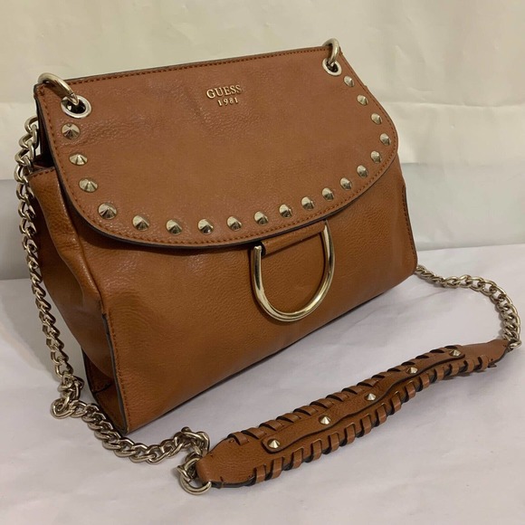 GUESS Large Acorn Brown Vegan Leather Studded Flap CHAIN CROSSBODY - Picture 3 of 13